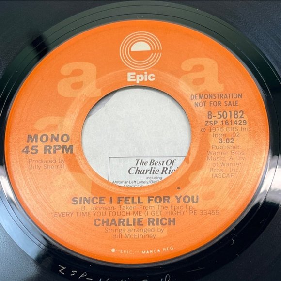 Charlie Rich Since I Fell For You 45 Country Promo Epic 8-50182 VG+/NM - Picture 2 of 4